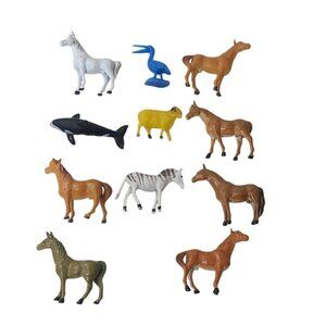 Lot of 11  2" Plastic Toy Animals Horses Shark Zebra Pelican Sheep Mixed Set